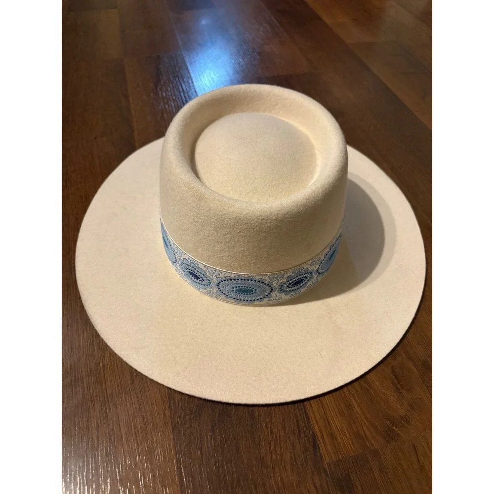 Lack of Color The Sierra Ivory Wool Boater Hat w/ Blue‎ Brocade Trim Size M 57cm